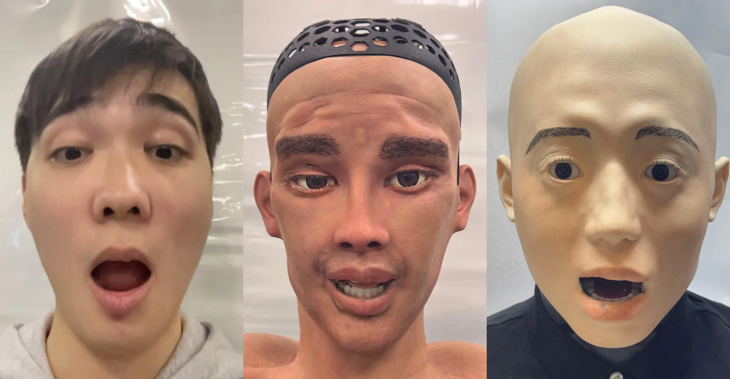 A person driving expressions on two humanoid robots