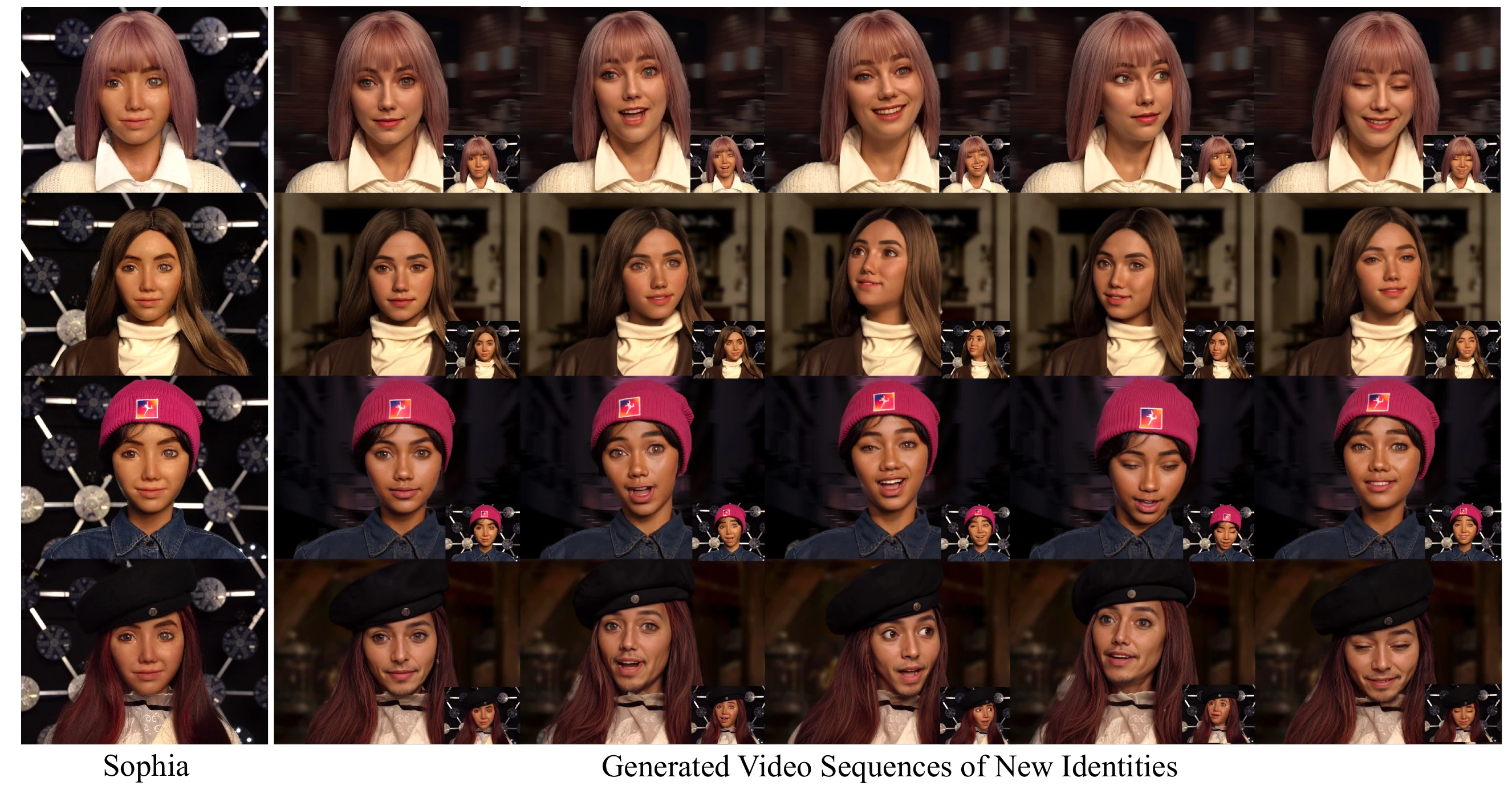 Identity augmentation results across generated video sequences